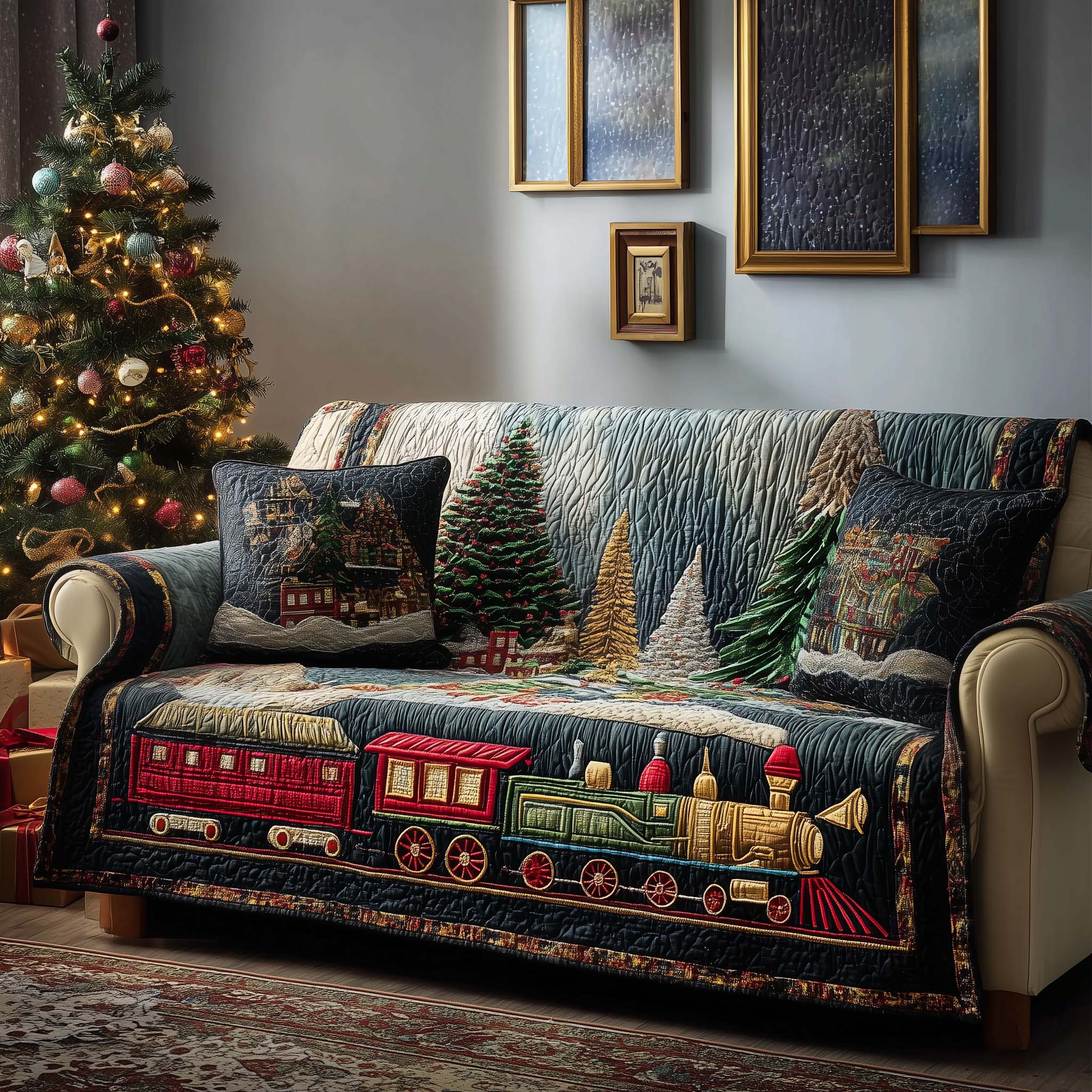 Christmas Train Quilted Sofa Cover