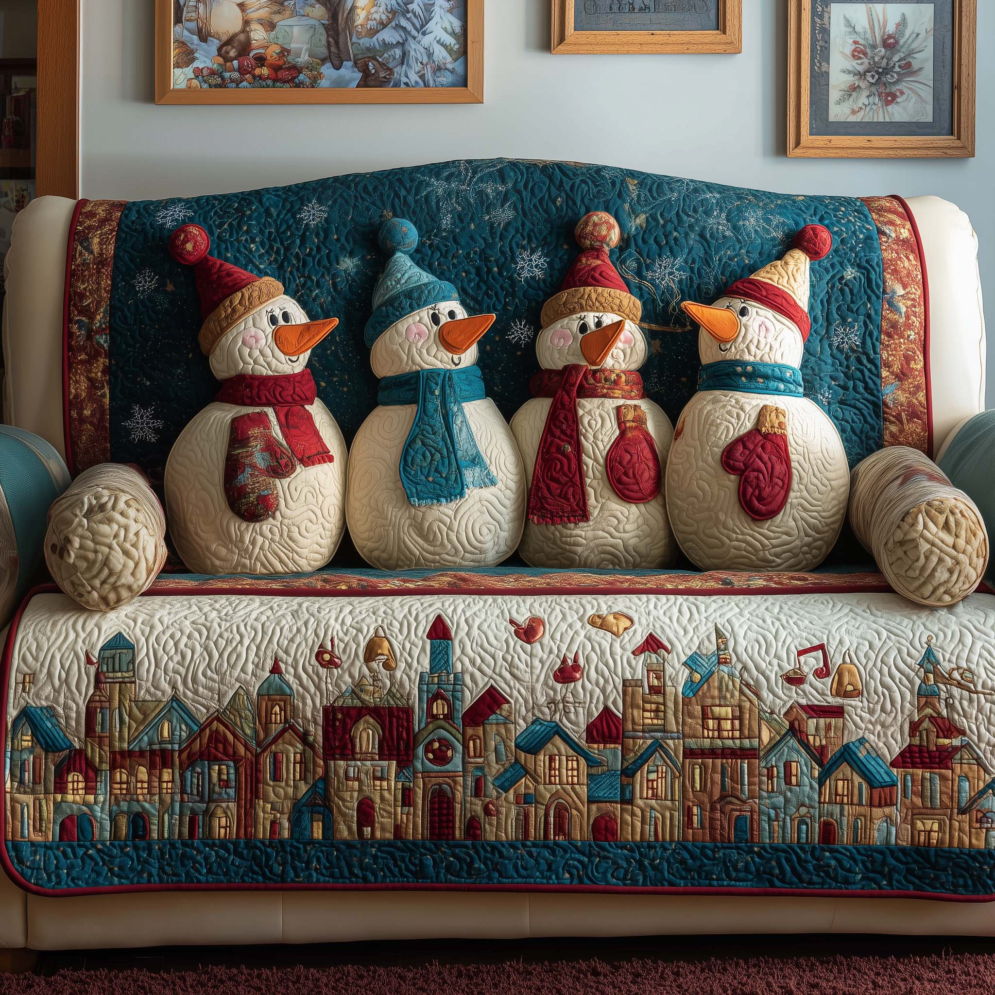 Village Snowmen Quilted Sofa Cover