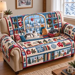 Christmas Cats Library Quilted Sofa Cover