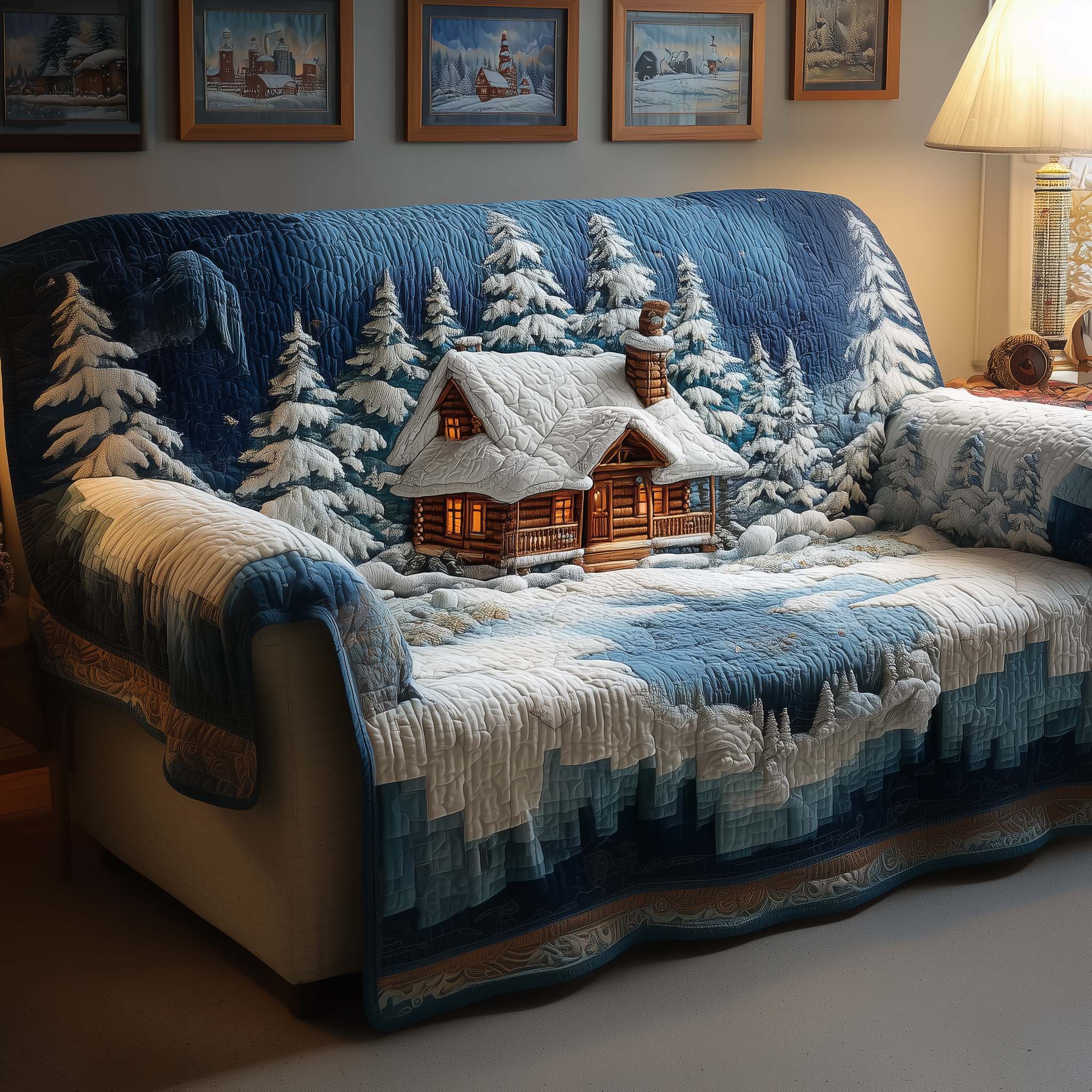 Snowy Cabin Quilted Sofa Cover