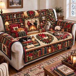 Christmas Cats Library Quilted Sofa Cover