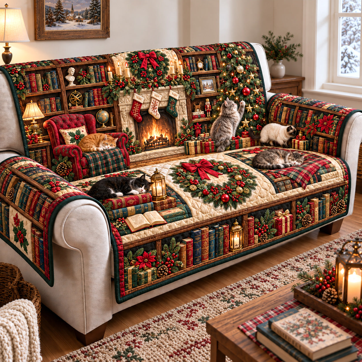 Christmas Cats Library Quilted Sofa Cover