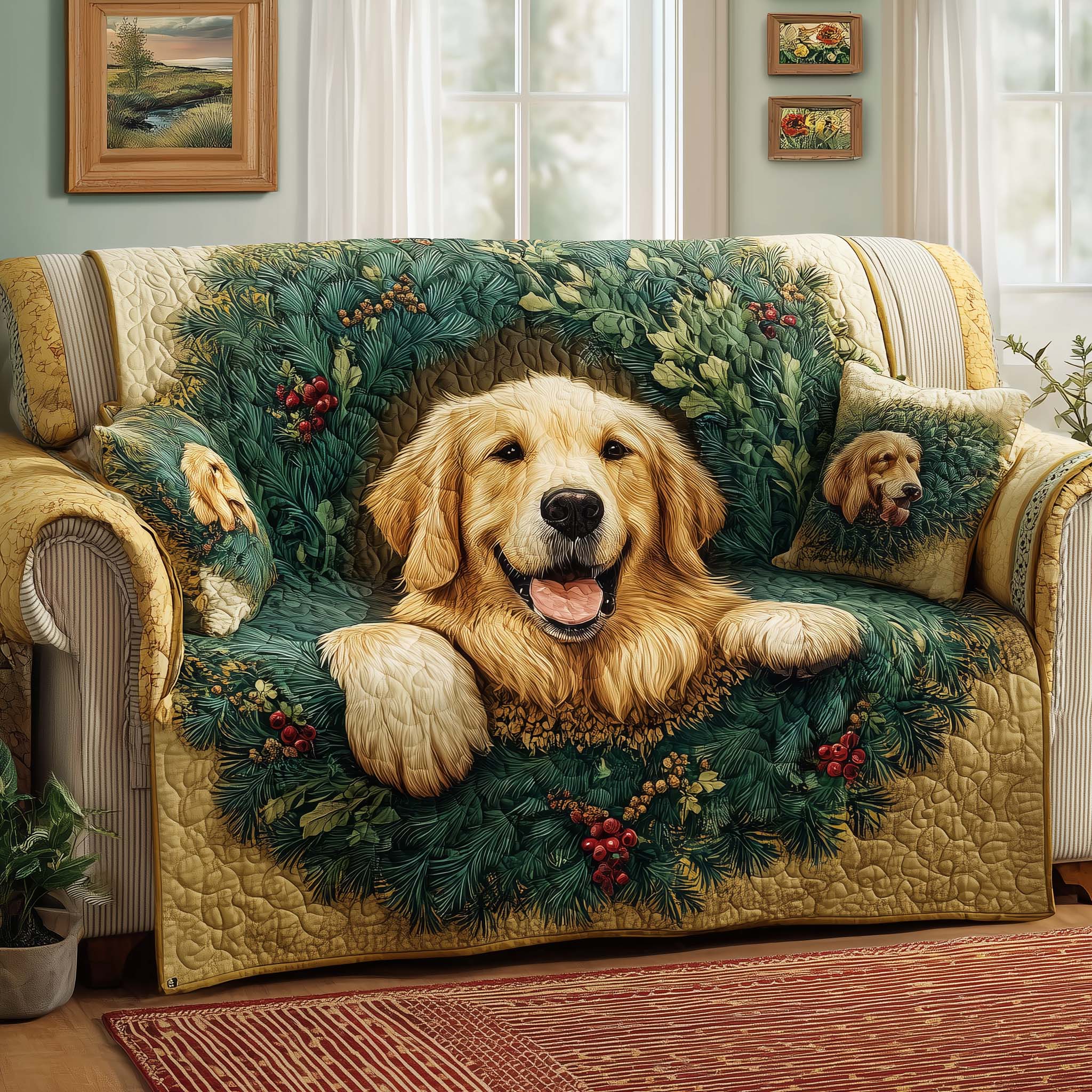 Golden Wreath Quilted Sofa Cover