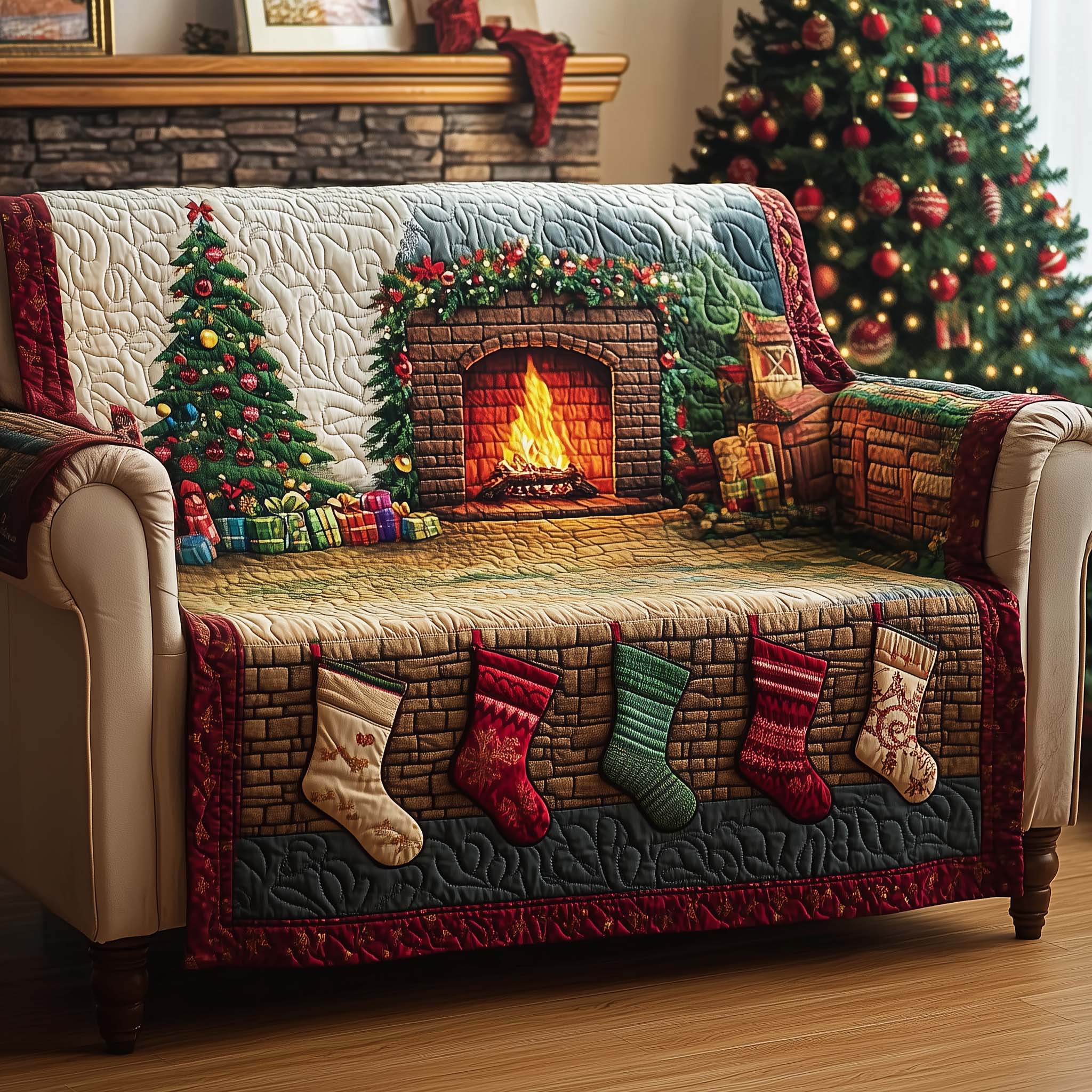 Stocking Fireplace Quilted Sofa Cover