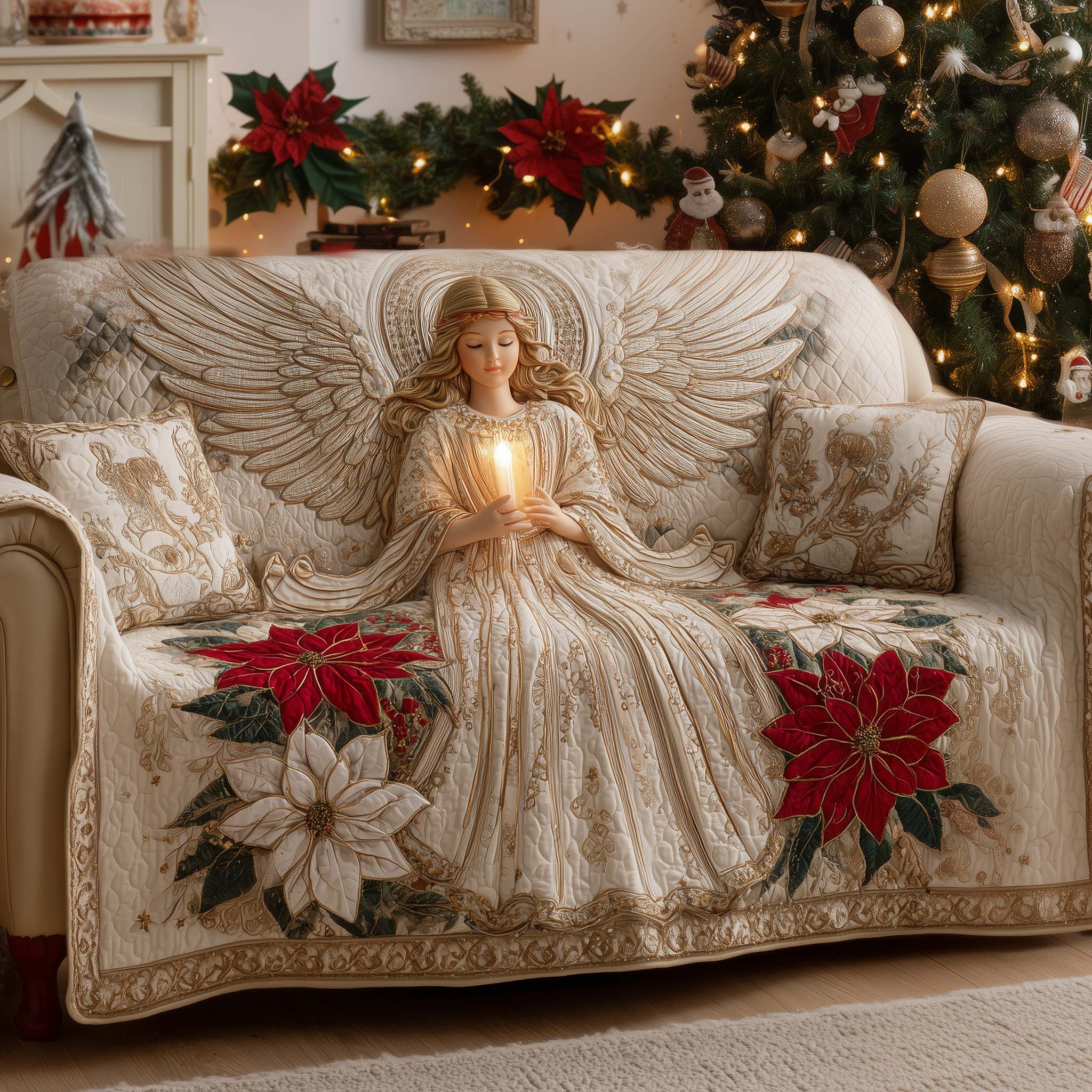 Poinsettia Angel Quilted Sofa Cover
