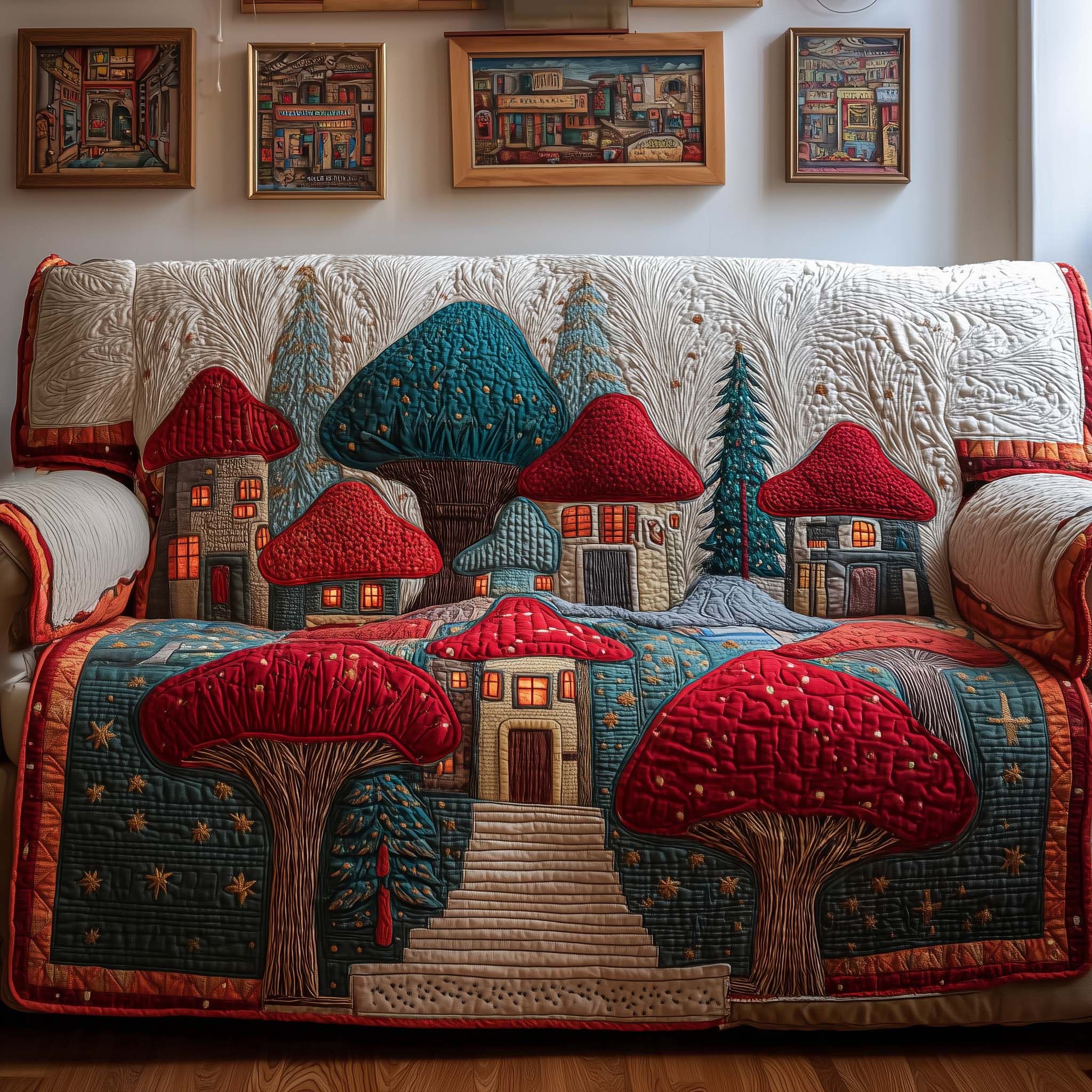 Mushroom Village Quilted Sofa Cover