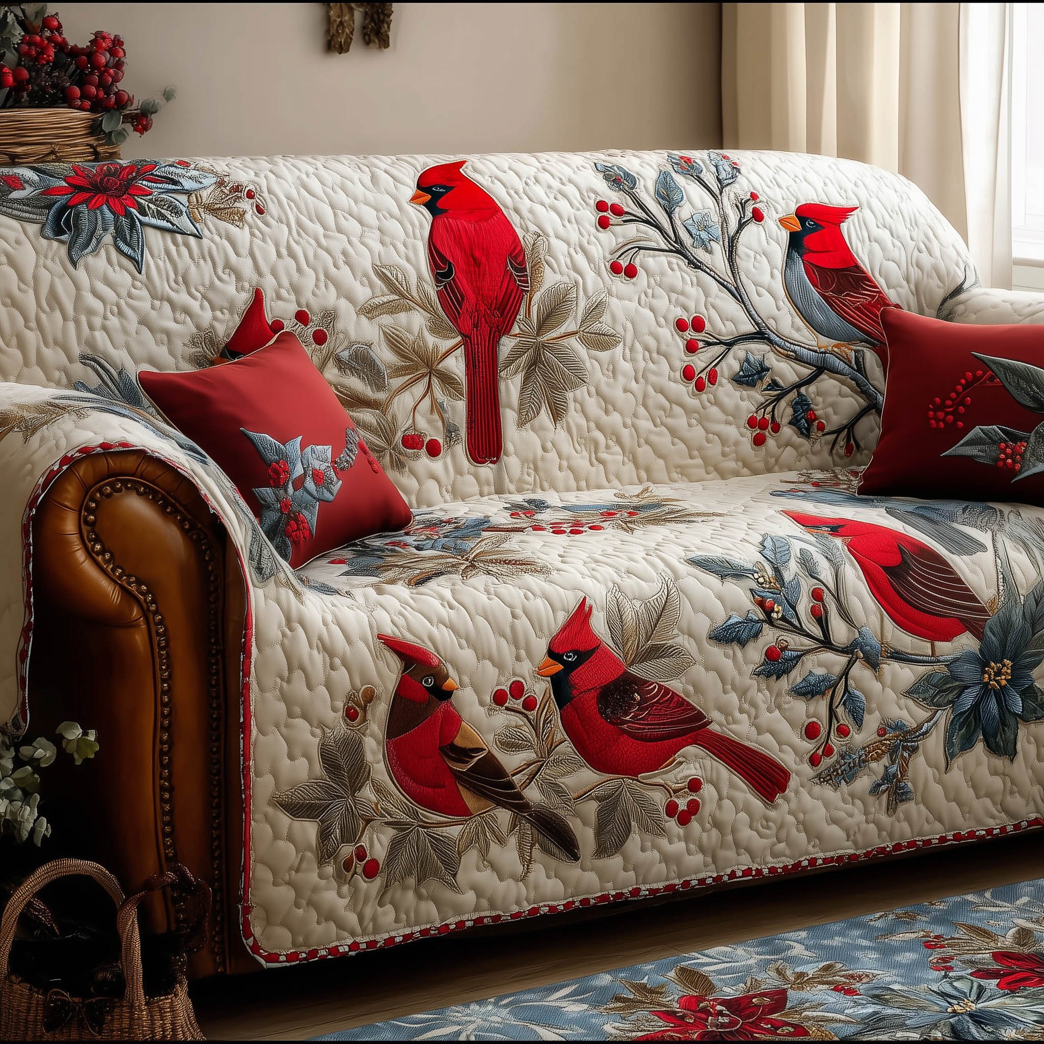 Festive Cardinal Quilted Sofa Cover