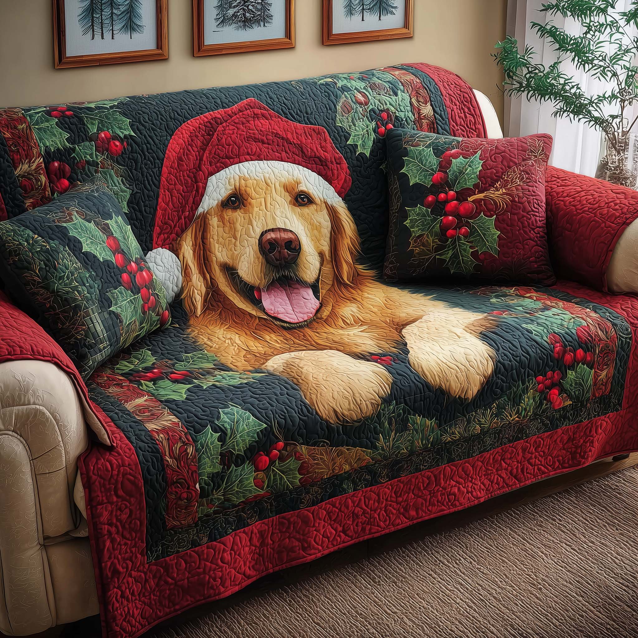 Santa Retriever Quilted Sofa Cover
