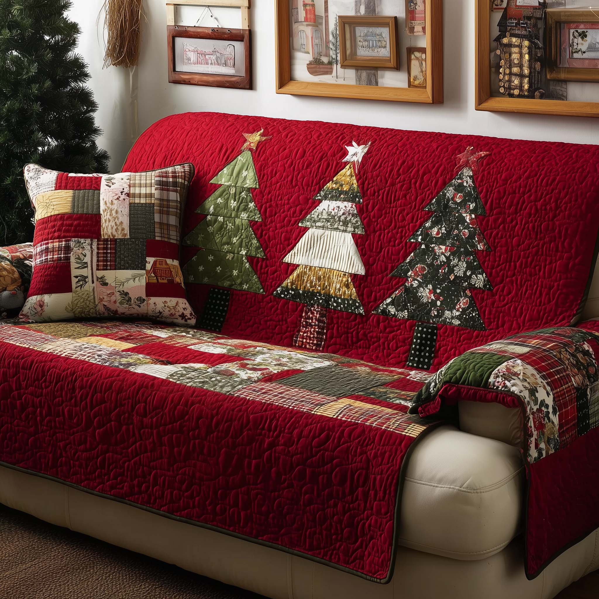 Patchwork Trees Quilted Sofa Cover