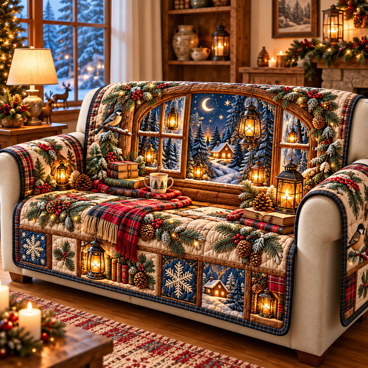 Christmas Window Quilted Sofa Cover