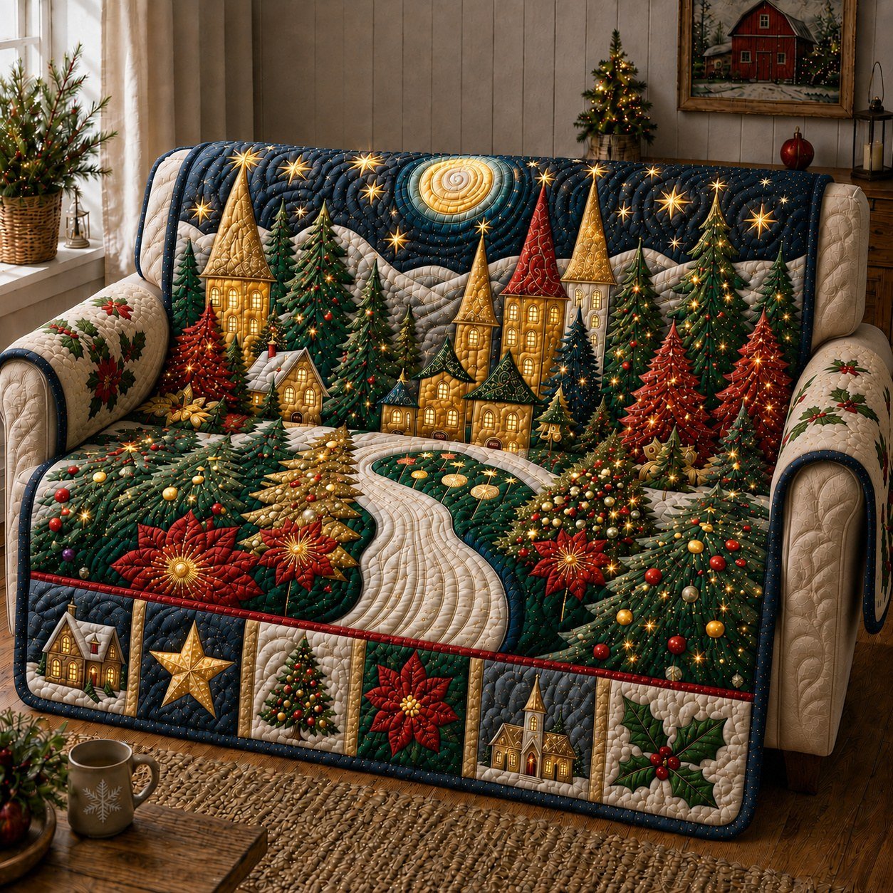 Festive Christmas Village Quilted Sofa Cover