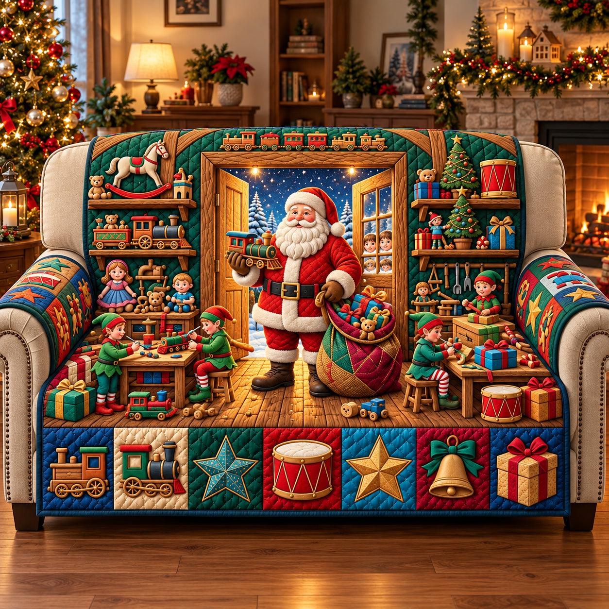 Santa Toy Workshop Quilted Sofa Cover