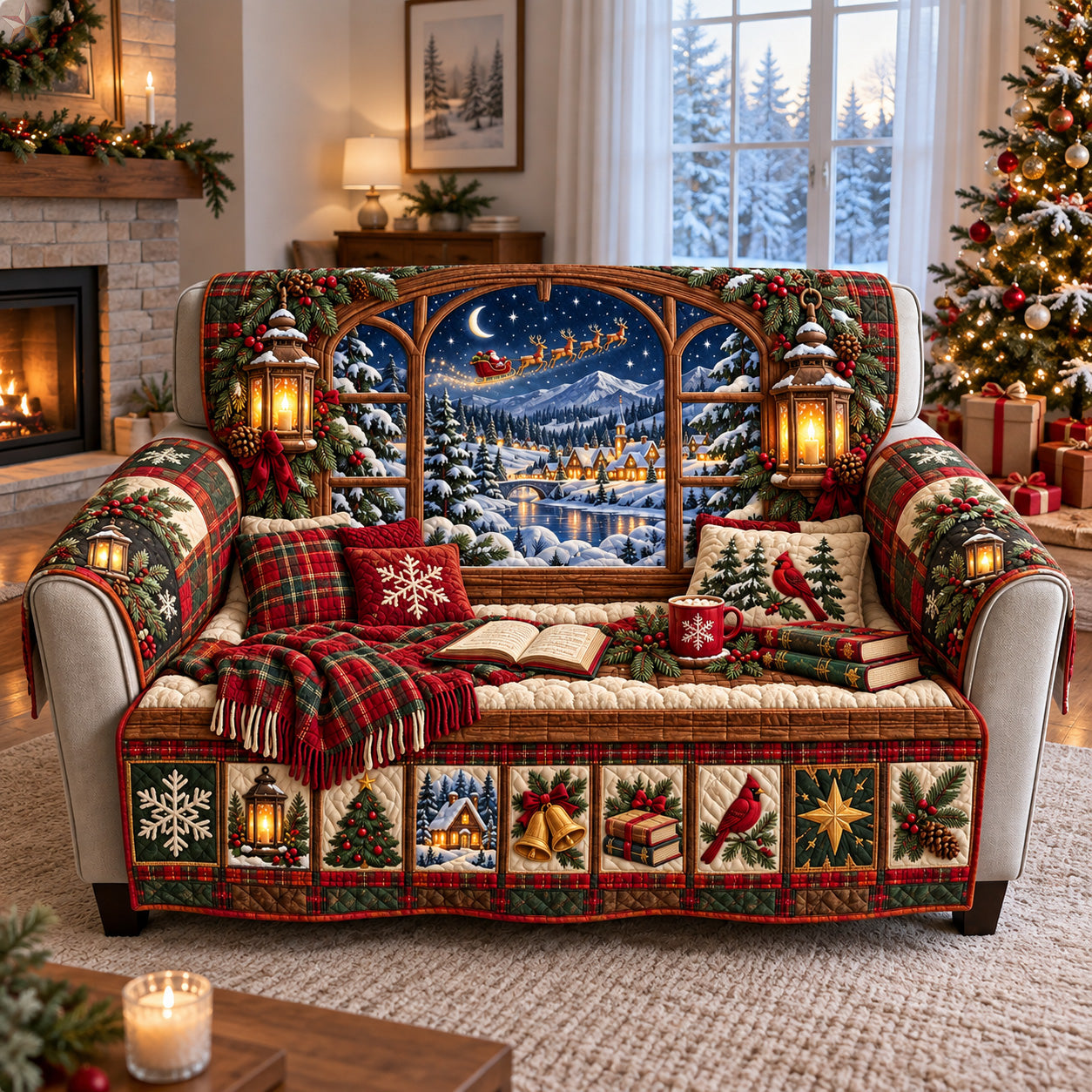 Santa Christmas Village Quilted Sofa Cover