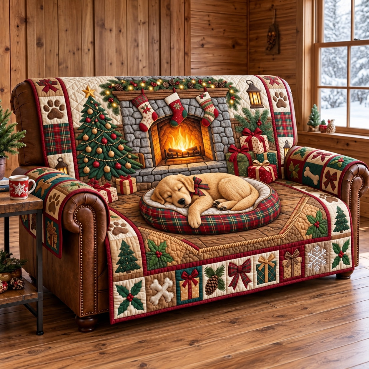 Sleeping Golden Puppy Quilted Sofa Cover