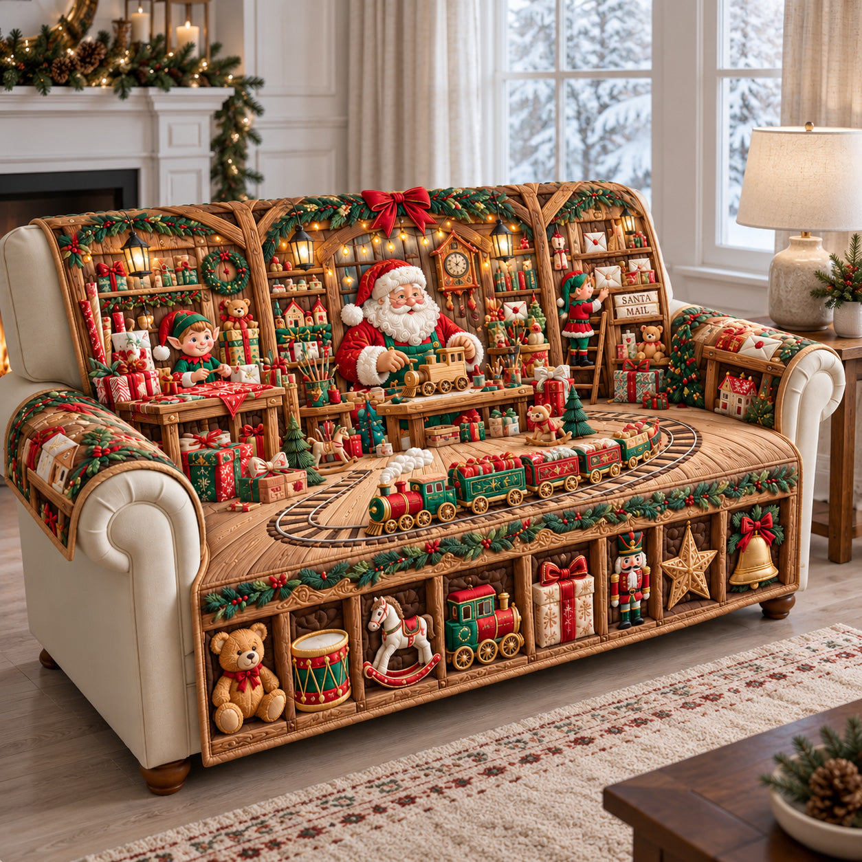 Santa Toy Workshop Quilted Sofa Cover