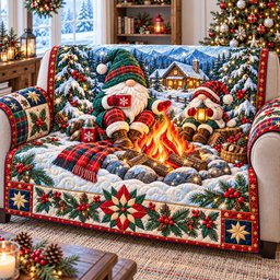 Christmas Gnomes Gathering Quilted Sofa Cover