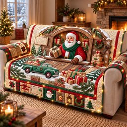 Rustic Santa Cabin Quilted Sofa Cover
