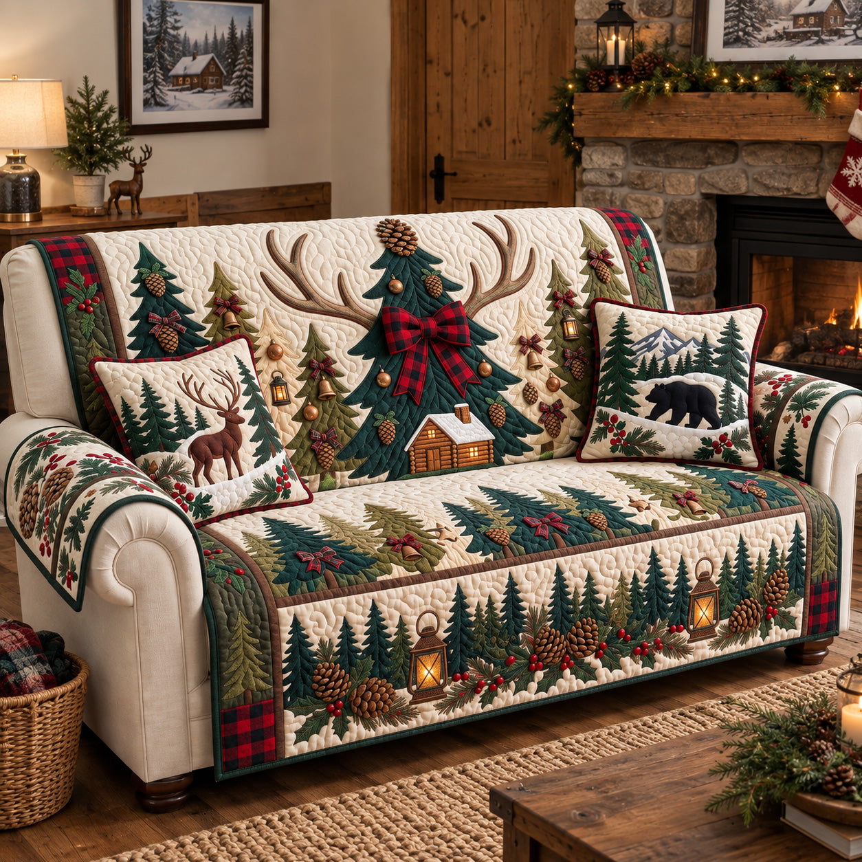 Woodland Holiday Trees Quilted Sofa Cover