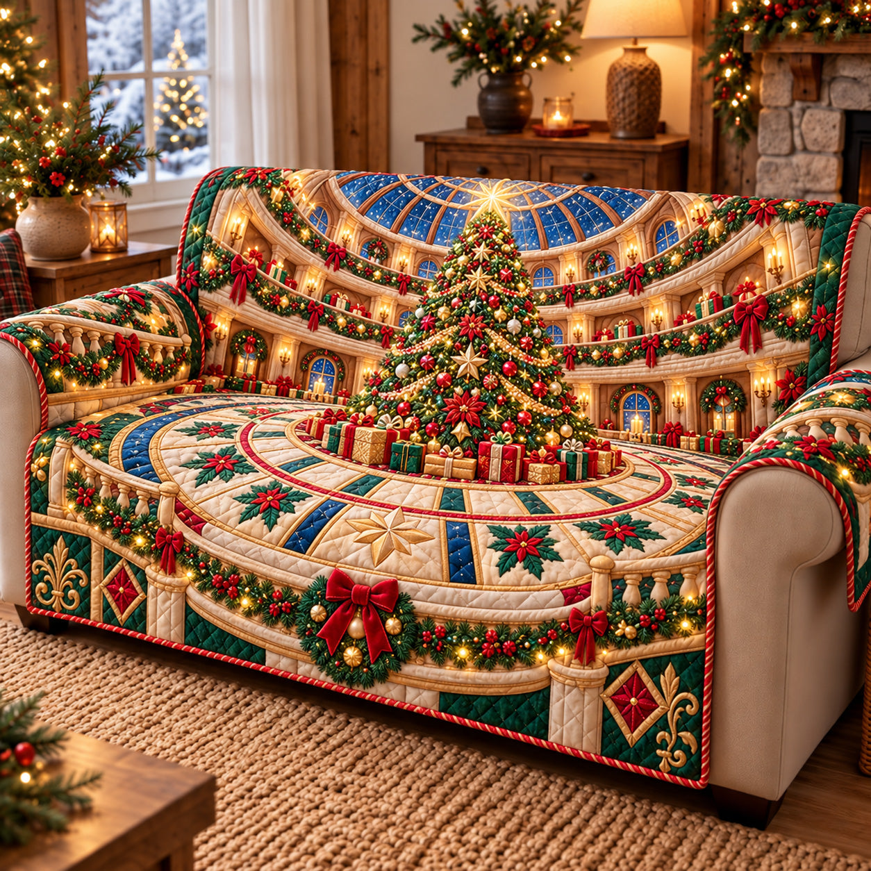 Grand Christmas Tree Quilted Sofa Cover
