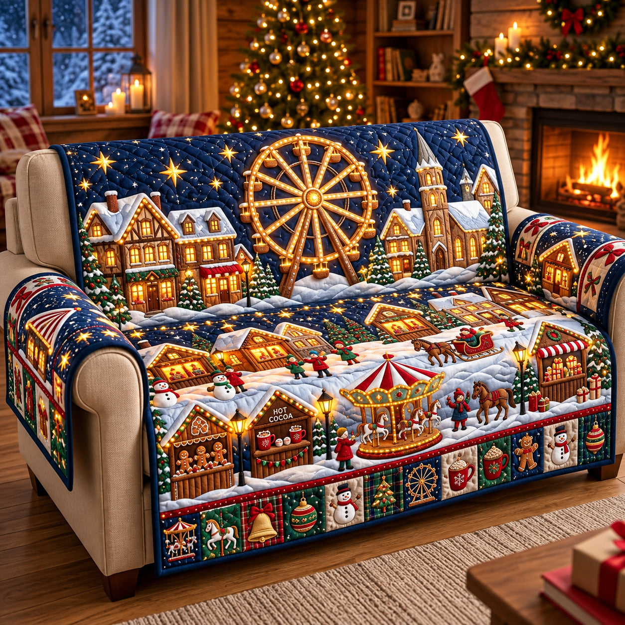 Christmas Village Winter Carnival Quilted Sofa Cover