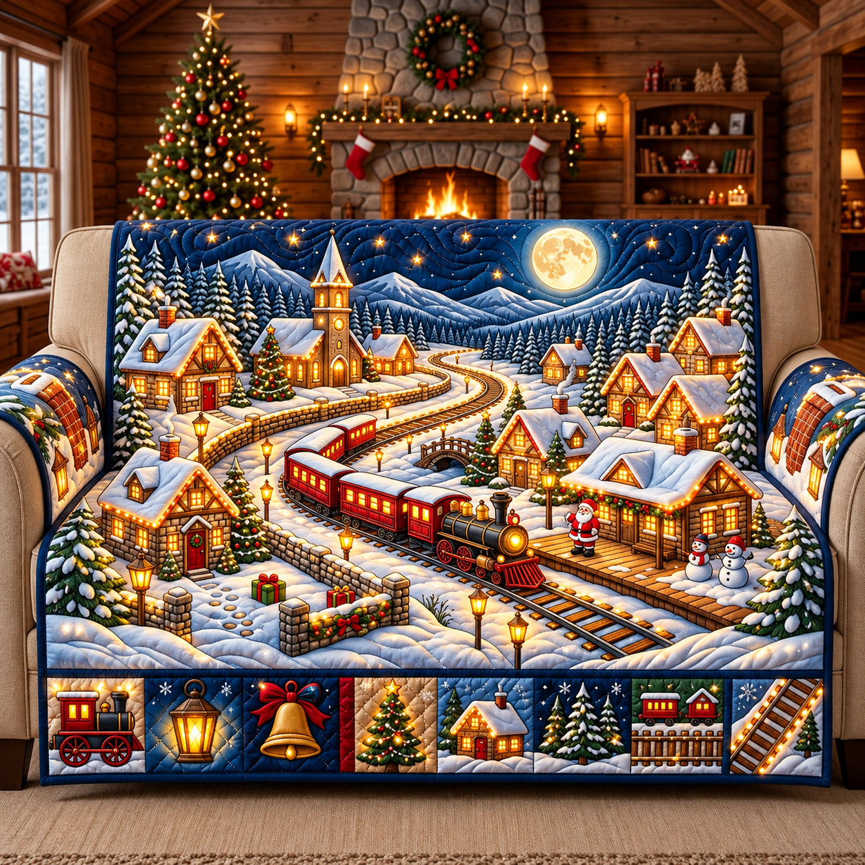 Snowy Christmas Village Quilted Sofa Cover