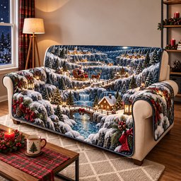 Santa Winter Mountain Village Quilted Sofa Cover