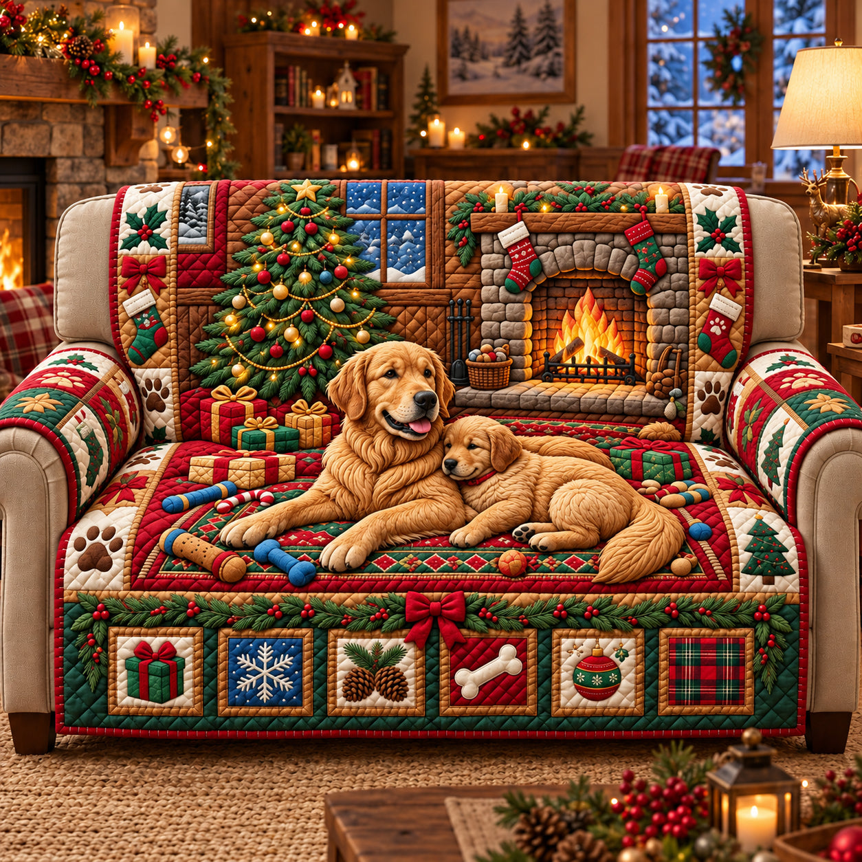 Fireside Christmas Quilted Sofa Cover