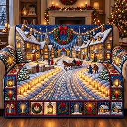 Golden Lantern Christmas Village Quilted Sofa Cover