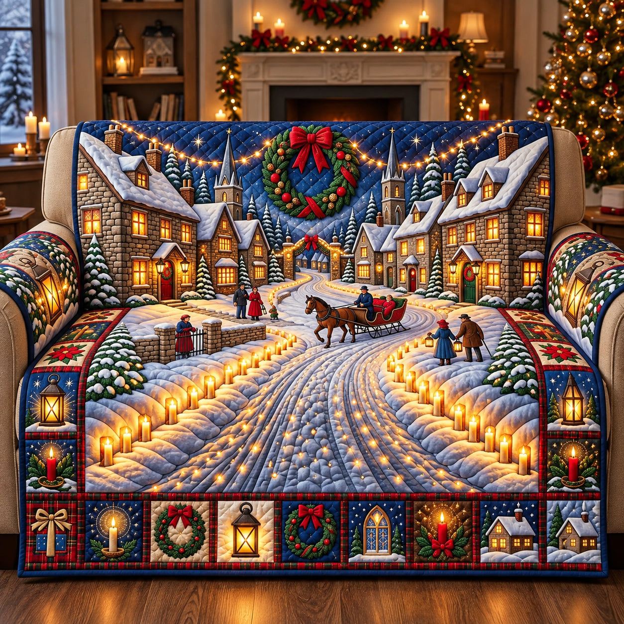 Golden Lantern Christmas Village Quilted Sofa Cover