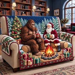 Bigfoot Meets Santa Quilted Sofa Cover