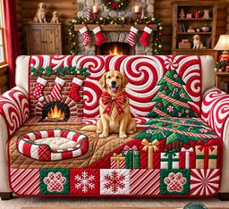 Candy Cane Christmas Golden Quilted Sofa Cover