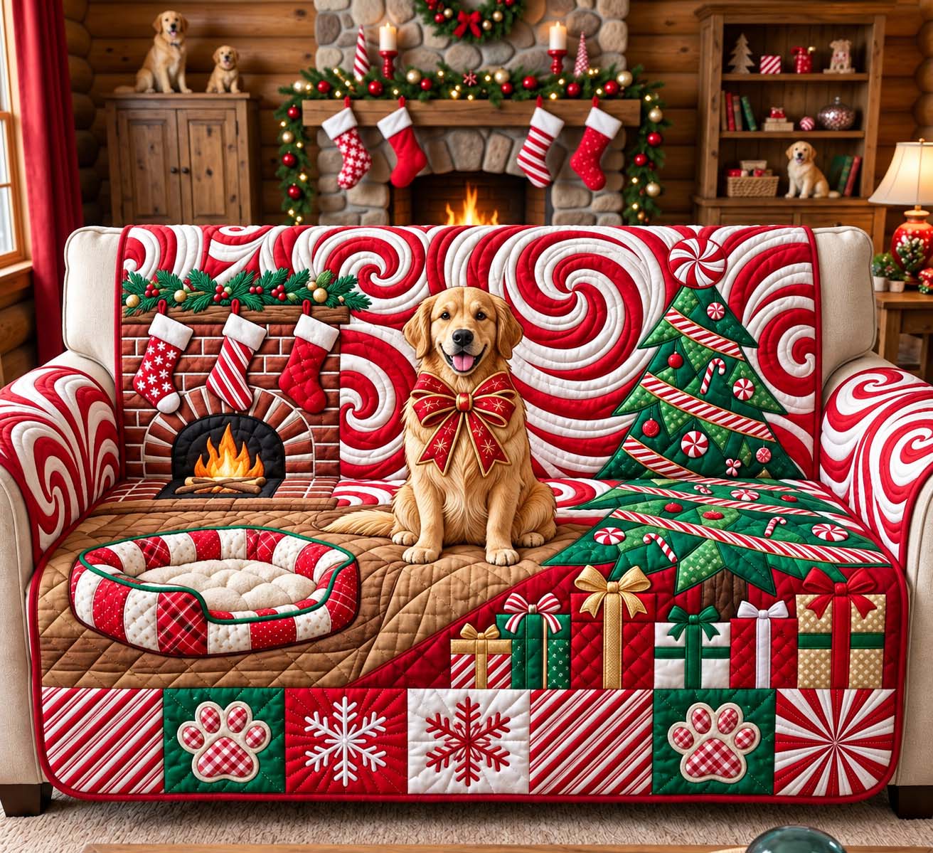 Candy Cane Christmas Golden Quilted Sofa Cover