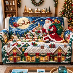 Santa Moonlit Village Quilted Sofa Cover