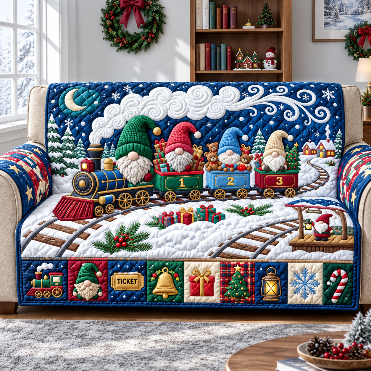 Gnome Christmas Train Quilted Sofa Cover