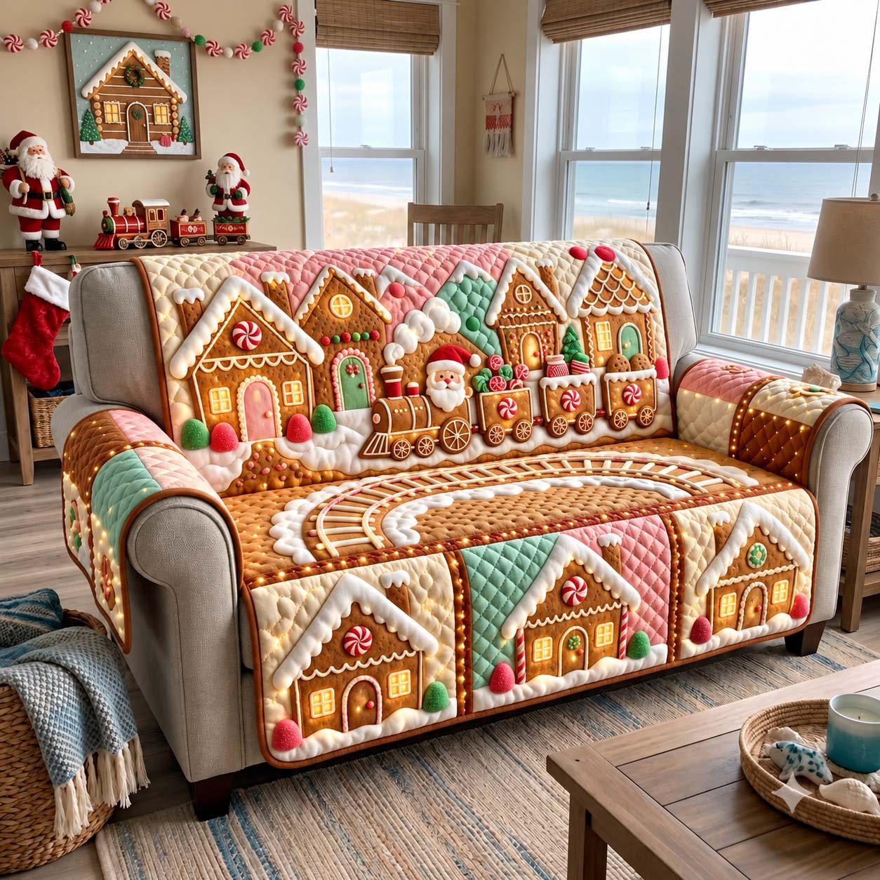 Gingerbread Train Town Quilted Sofa Cover