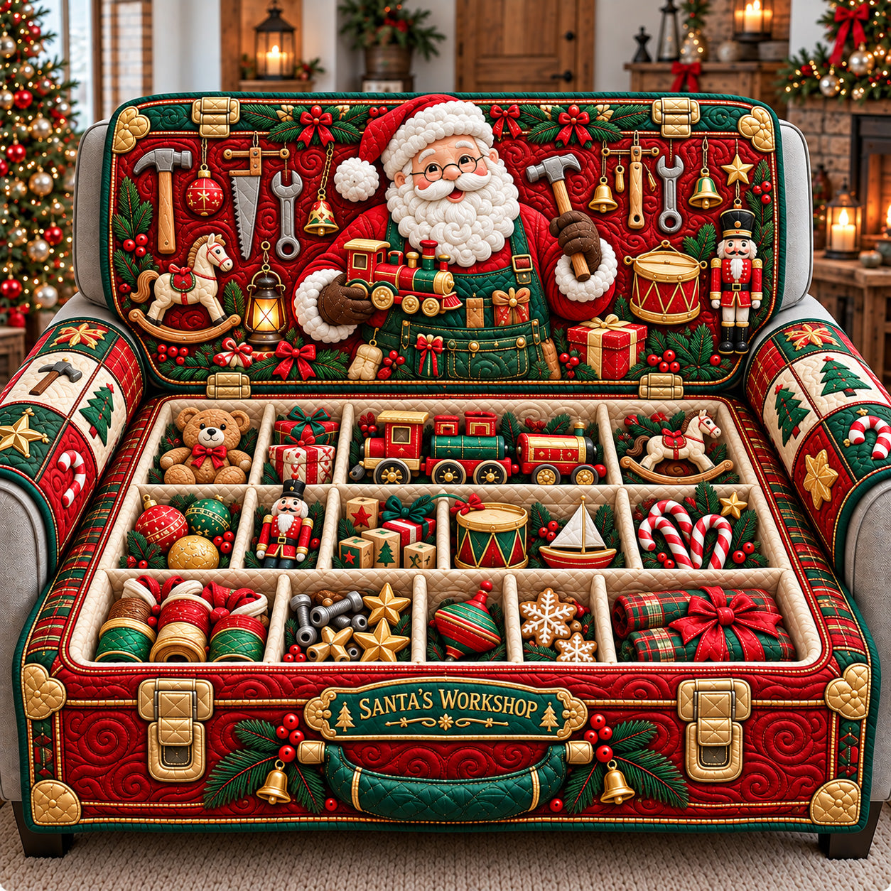 Santa Workshop Tool Chest Quilted Sofa Cover