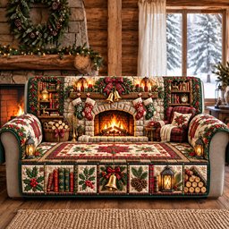 Christmas Fireplace Quilted Sofa Cover