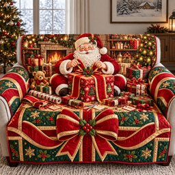 Santa Christmas Gift Wrap Quilted Sofa Cover