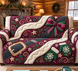 Burgundy Christmas Elegance Quilted Sofa Cover