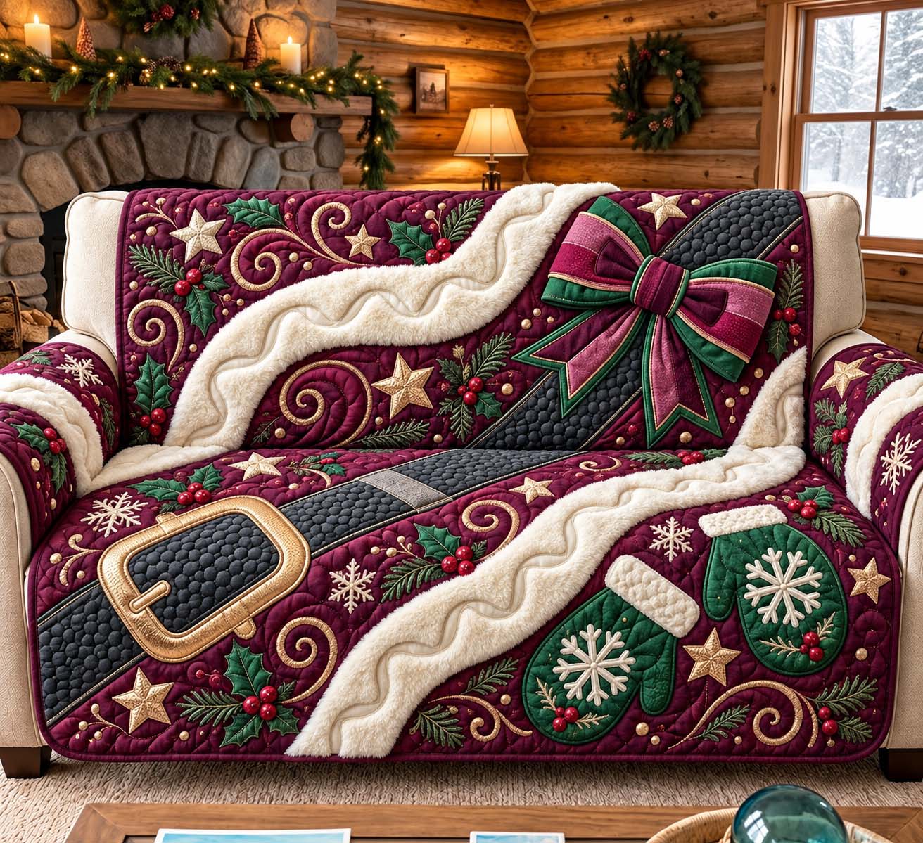 Burgundy Christmas Elegance Quilted Sofa Cover