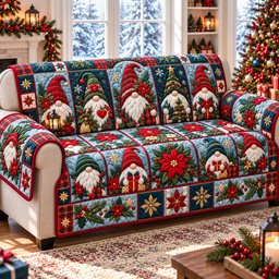 Christmas Gnomes Festival Quilted Sofa Cover
