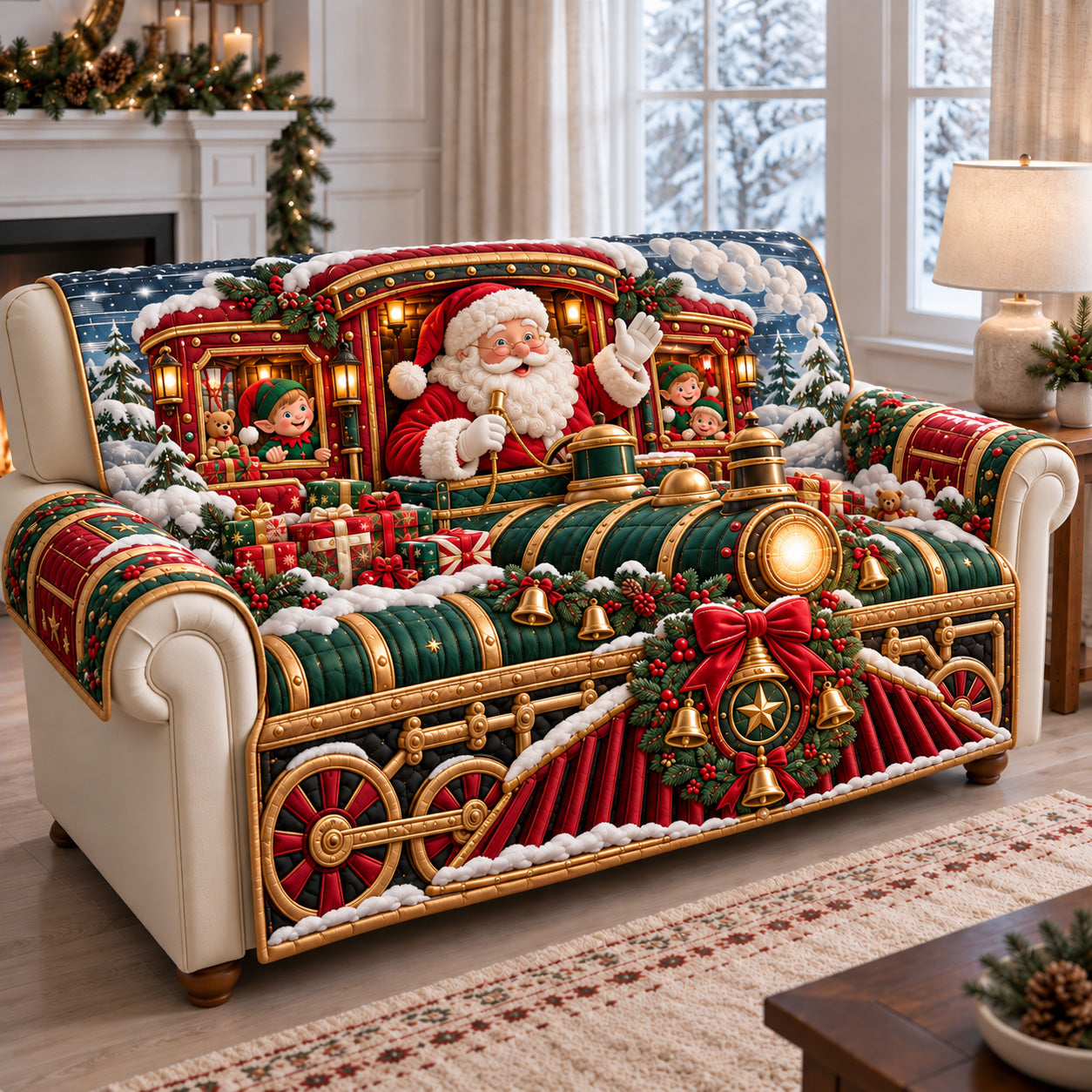 Santa Christmas Train Ride Quilted Sofa Cover