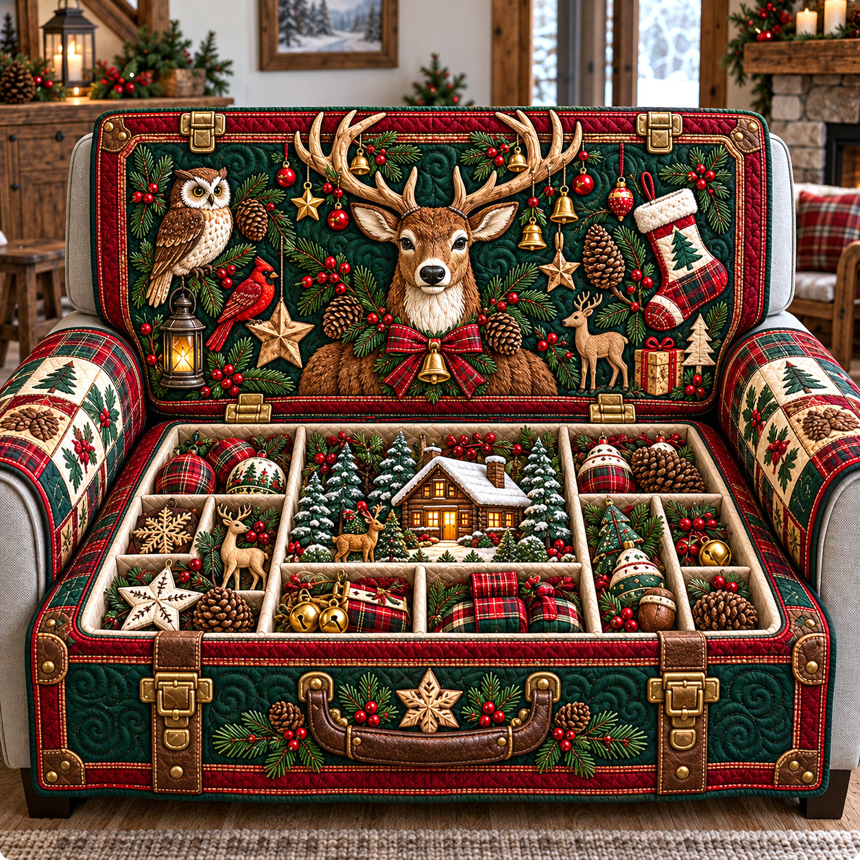 Woodland Christmas Chest Quilted Sofa Cover