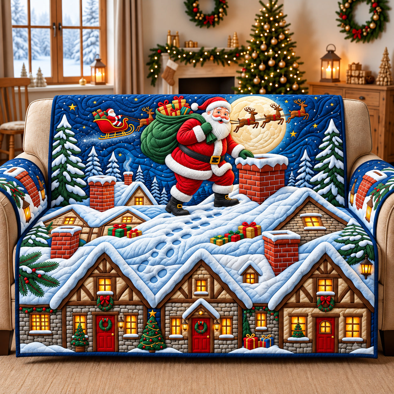 Santa Rooftop Quilted Sofa Cover