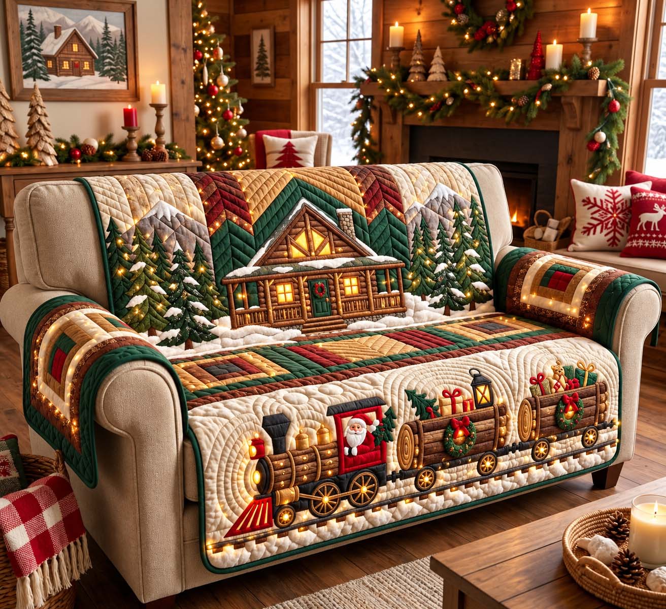 Christmas Cabin Railway Quilted Sofa Cover