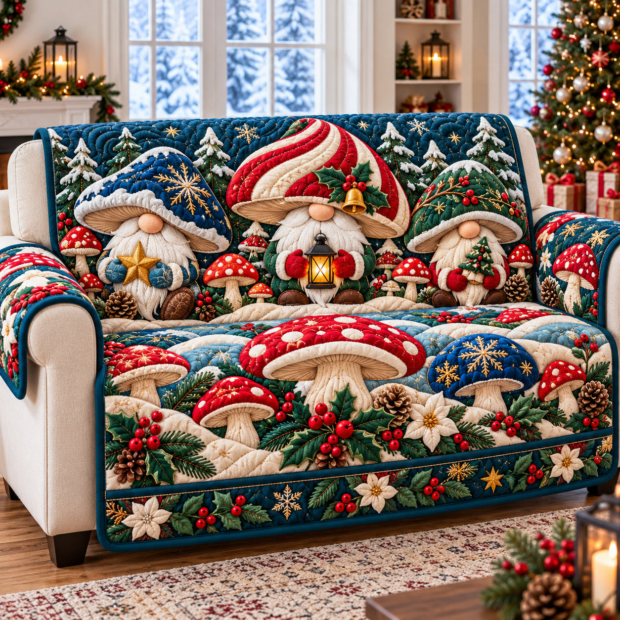 Christmas Gnomes Forest Quilted Sofa Cover