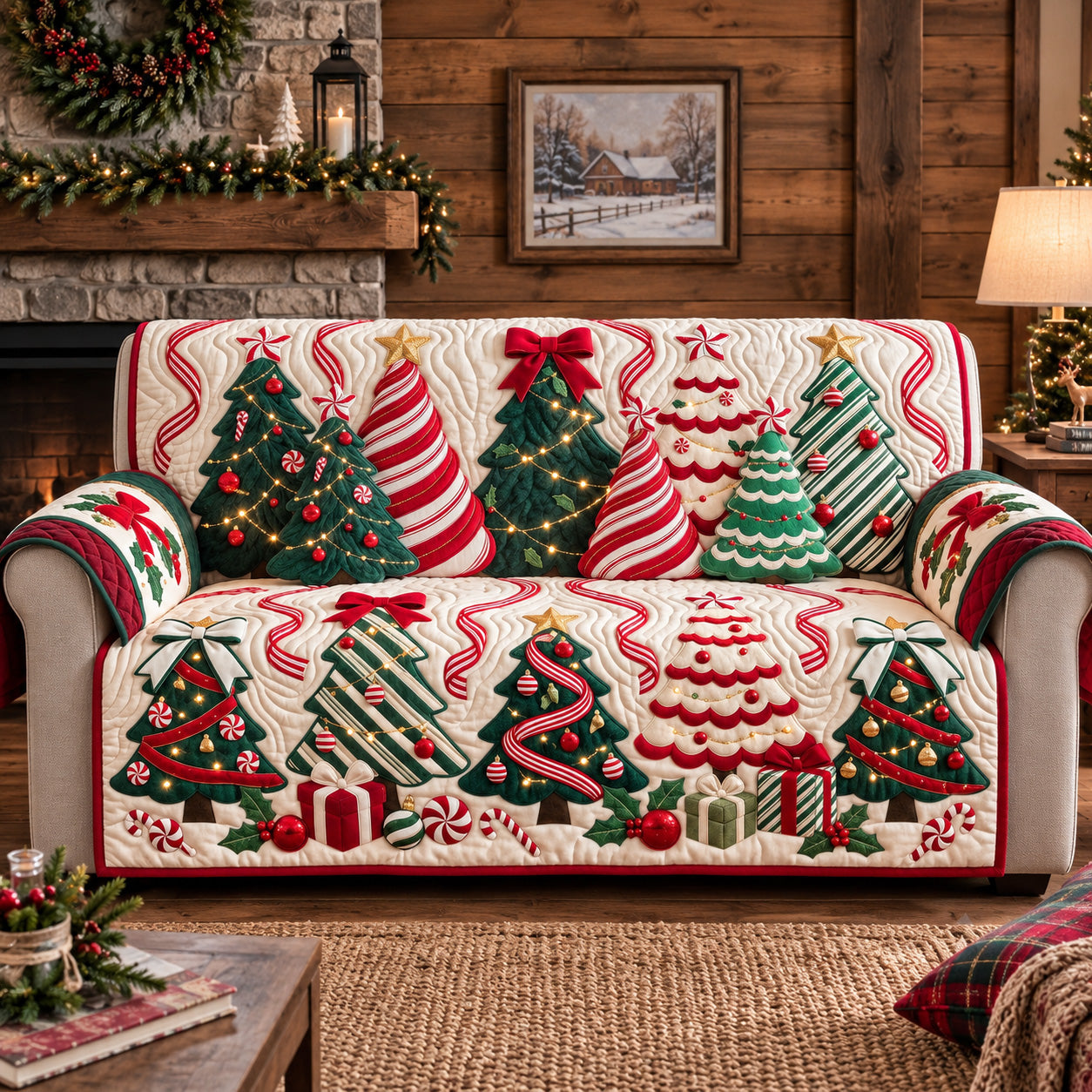 Candy Cane Trees Quilted Sofa Cover