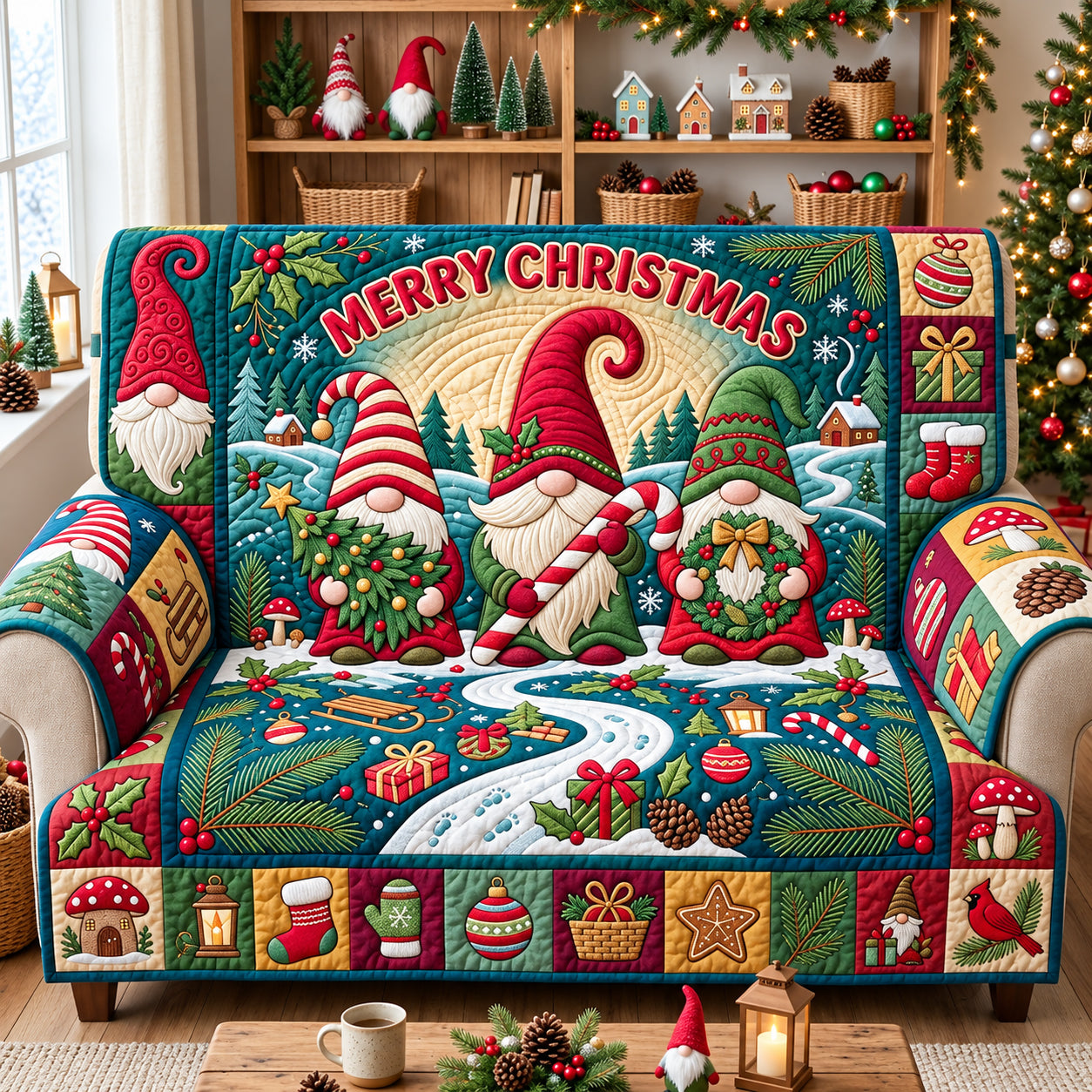 Merry Christmas Quilted Sofa Cover