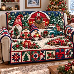 Christmas Gnomes Adventure Quilted Sofa Cover