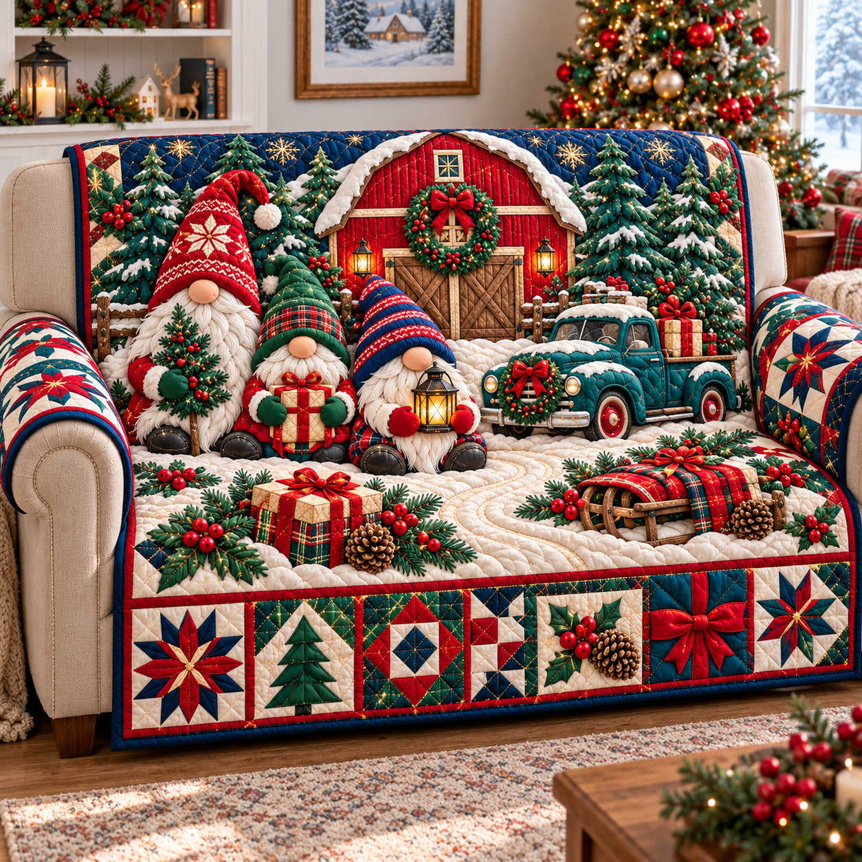 Christmas Gnomes Adventure Quilted Sofa Cover